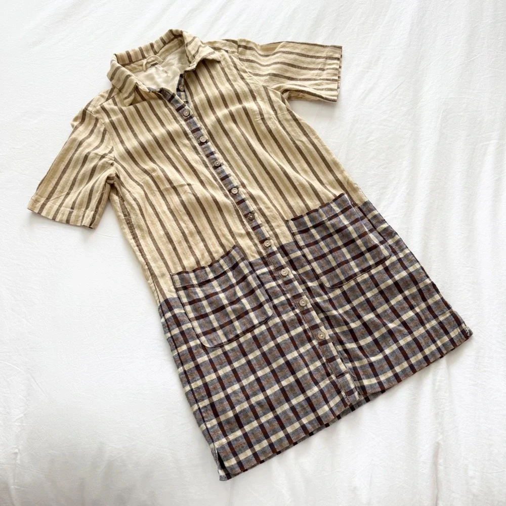 Free People Mixed Plaid & Stripe Button Front Shirt Dress XS